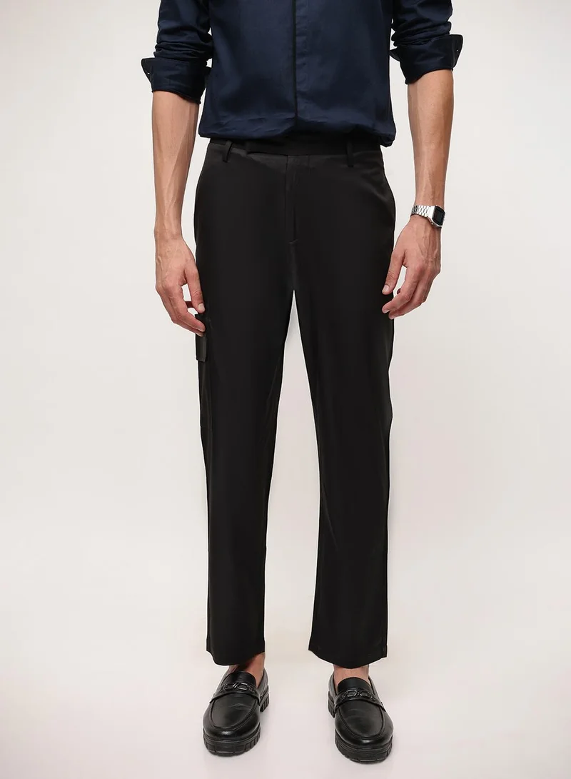 دينيس لينغو Black Cotton Solid Print Relaxed Chinos Trouser For Men