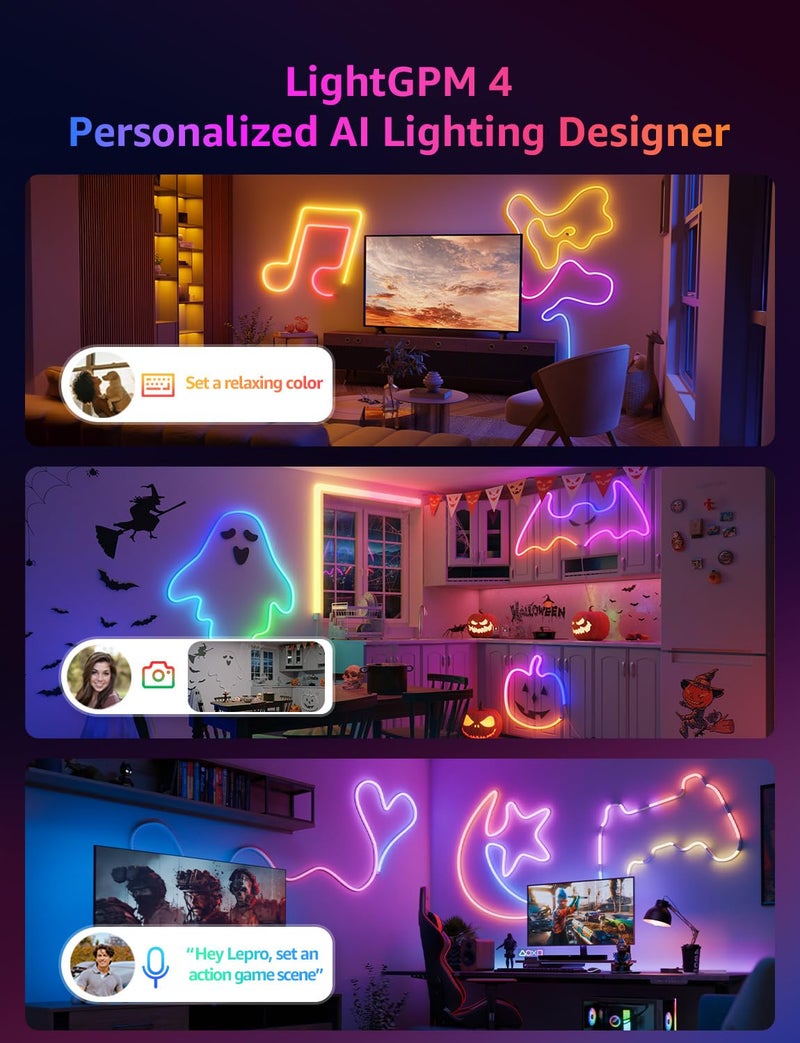 Lepro N1 AI Smart RGB Rope Lights for Christmas, Personalized AI Lighting Designer, LightBeats Music Sync, Color Segment DIY, Voice Control Via App, 9.84ft Wi-Fi & Bluetooth LED Strip Lights - Image 2