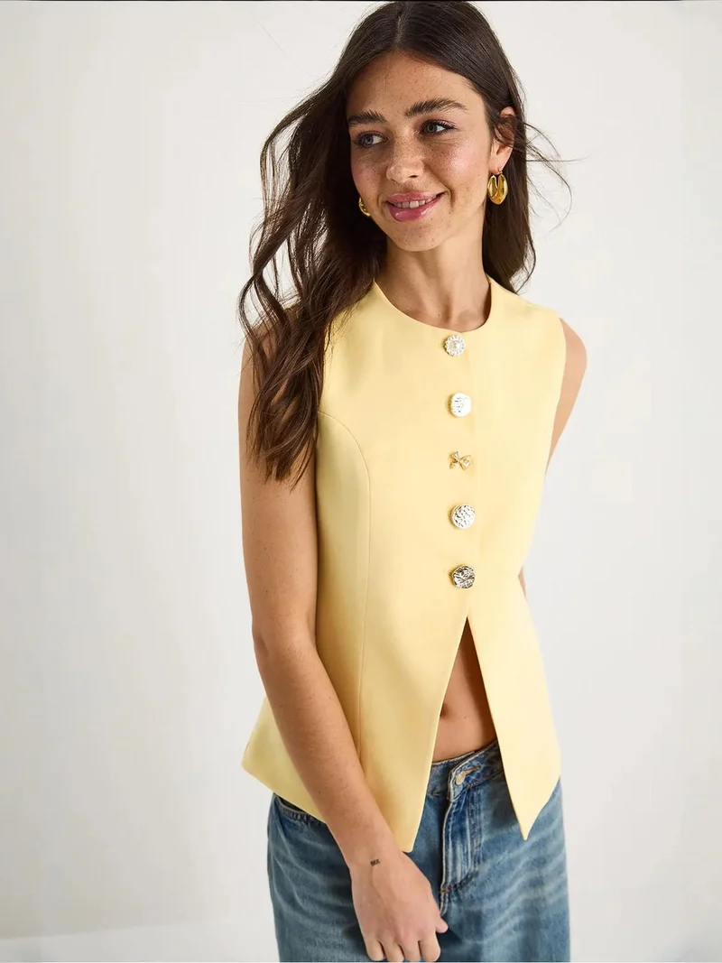 Bianco Lucci Lemon Yellow Fitted Sleeveless Button-Front Waistcoat with Crew Neck for Women | Best Price UAE