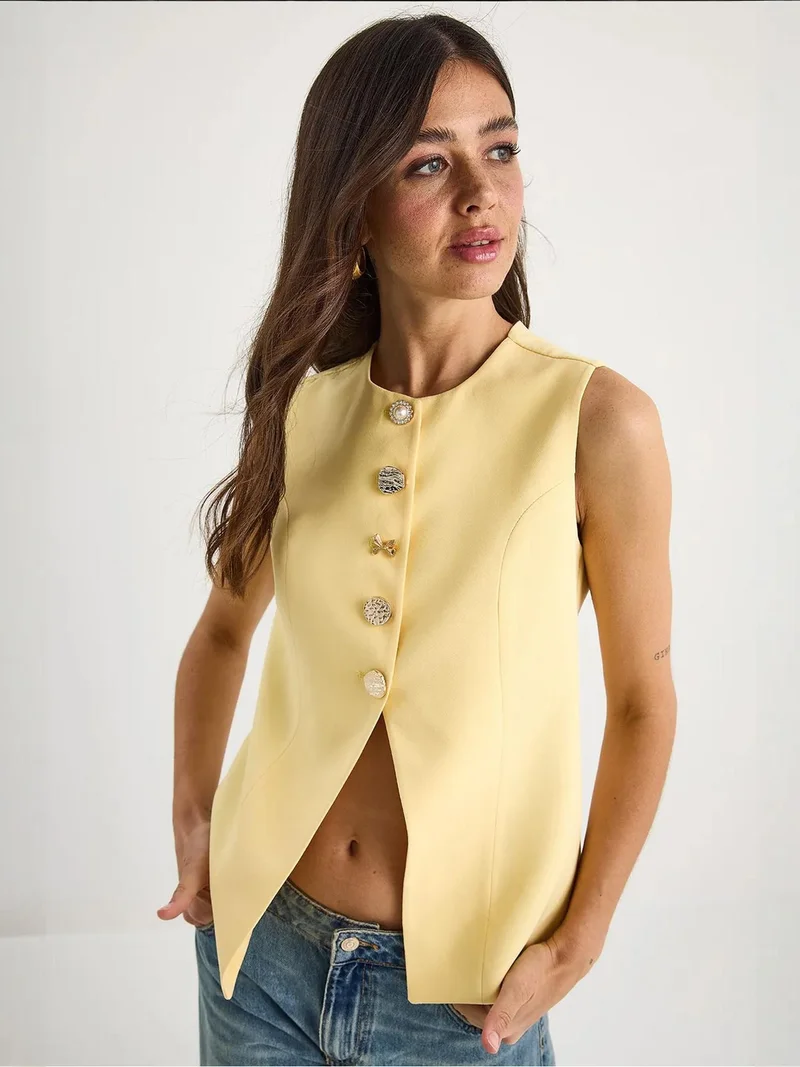 Bianco Lucci Lemon Yellow Fitted Sleeveless Button-Front Waistcoat with Crew Neck for Women | Best Price UAE