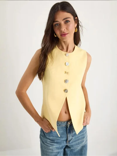 Bianco Lucci Fitted Sleeveless Button-Front Waistcoat with Crew Neck