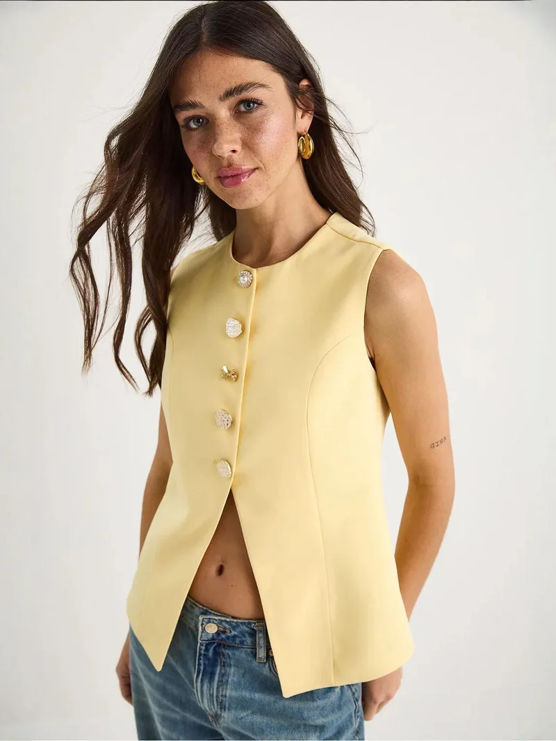 Bianco Lucci Lemon Yellow Fitted Sleeveless Button-Front Waistcoat with Crew Neck for Women | Best Price UAE