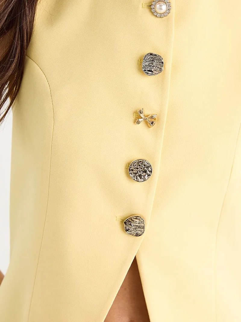 Bianco Lucci Lemon Yellow Fitted Sleeveless Button-Front Waistcoat with Crew Neck for Women | Best Price UAE