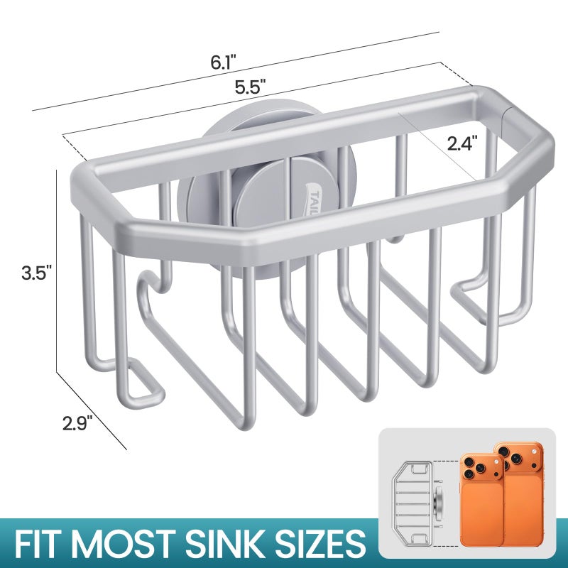 TAILI Sponge Holder for Kitchen Sink with Strong Suction Cup, Rustproof Aluminum Sink Caddy for Sponges, Brushes, Stoppers & Scrapers, Silver - Image 3