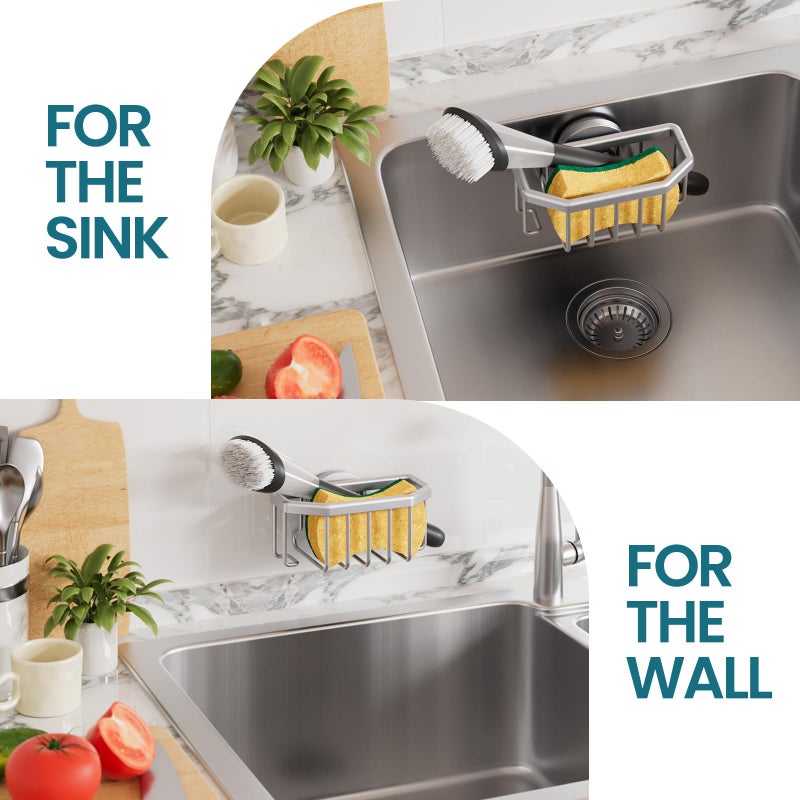 TAILI Sponge Holder for Kitchen Sink with Strong Suction Cup, Rustproof Aluminum Sink Caddy for Sponges, Brushes, Stoppers & Scrapers, Silver - Image 5