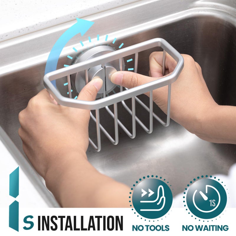 TAILI Sponge Holder for Kitchen Sink with Strong Suction Cup, Rustproof Aluminum Sink Caddy for Sponges, Brushes, Stoppers & Scrapers, Silver - Image 2