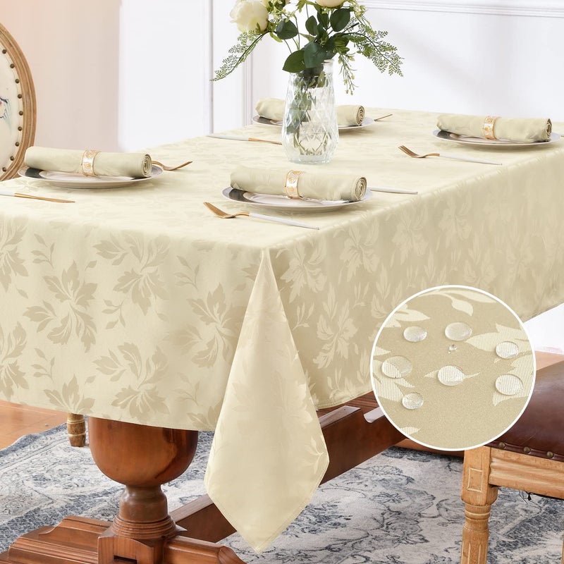 Romanstile Spring Jacquard Rectangle Tablecloth Outdoor Waterproof Damask Floral Pattern Decorative Table Cloths Heavy Weight Fabric Table Covers for DinnerPartiesOutdoor 60 x 102 Inch Beige