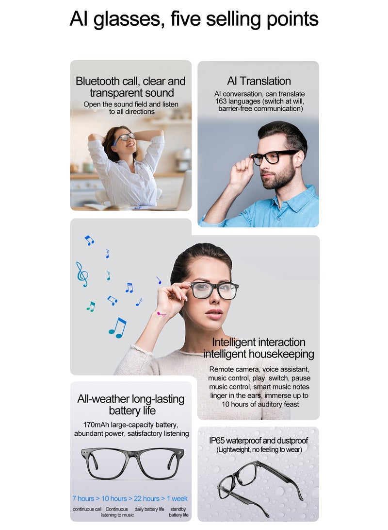 AI Smart Glasses with Bluetooth Audio Translator for Real-Time Video and Voice Translation, AI Q&A, Sleep Aid, Music Control, Bluetooth Call, IP65 Waterproof, 163 Language Support, Long 22-Hour Batt - Image 3