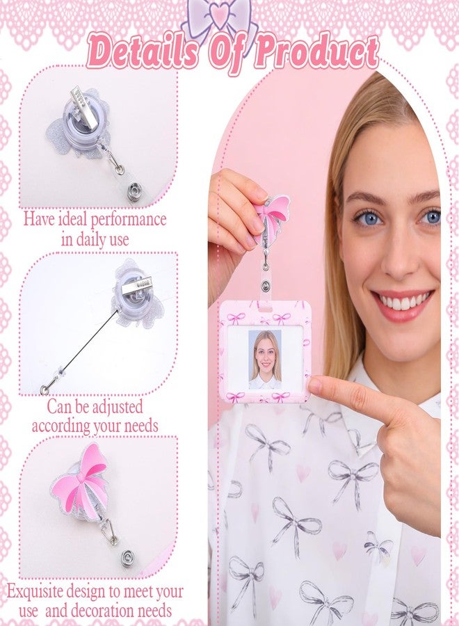 HaiFafafaing Pink Bow Badge Holder Horizontal, ID Card Holder Horizontal with Retractable Reel Alligator Clip, Cute Badge Reels for Nurse, Doctor, Teacher, Office Worker - Image 4