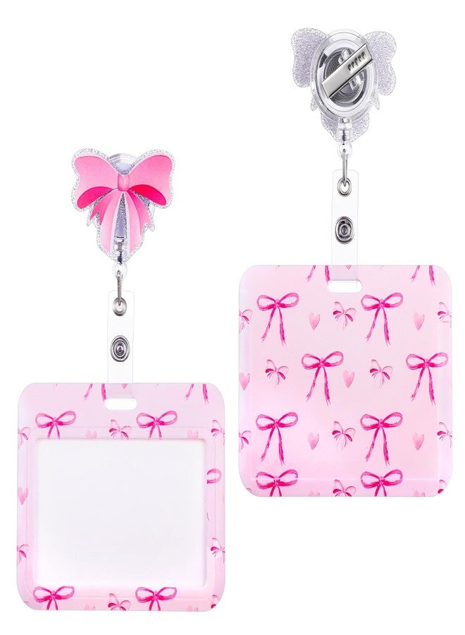 HaiFafafaing Pink Bow Badge Holder Horizontal, ID Card Holder Horizontal with Retractable Reel Alligator Clip, Cute Badge Reels for Nurse, Doctor, Teacher, Office Worker - Image 1