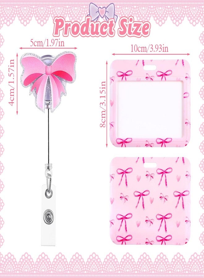 HaiFafafaing Pink Bow Badge Holder Horizontal, ID Card Holder Horizontal with Retractable Reel Alligator Clip, Cute Badge Reels for Nurse, Doctor, Teacher, Office Worker - Image 2