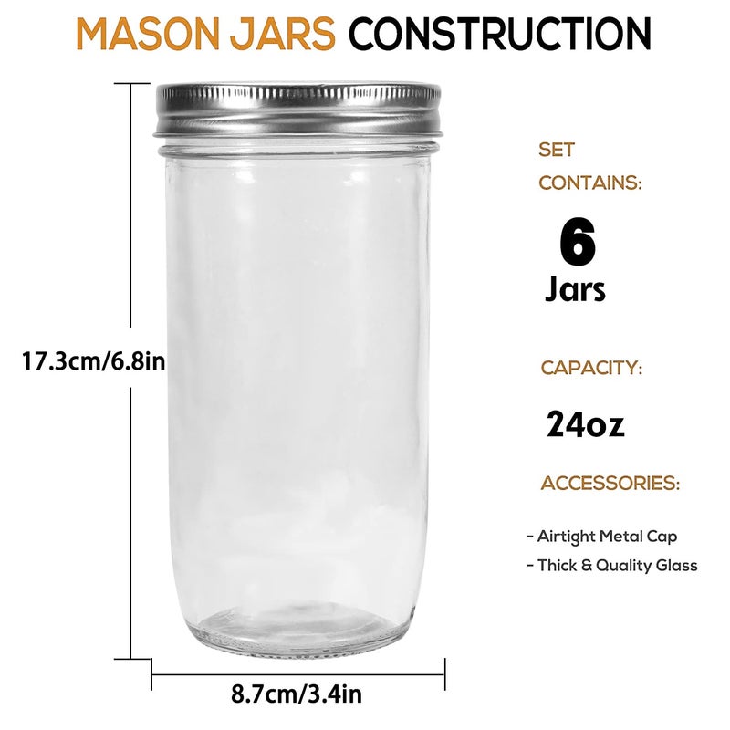 Ieavier Mason Jars Wide Mouth 24oz, 6 pack Glass Pickle Canning Jars Food Storage With Airtight Mason Jar lids and Bands for Canning, Preserving, Fermenting, Pickling, DIY Projects - Image 2