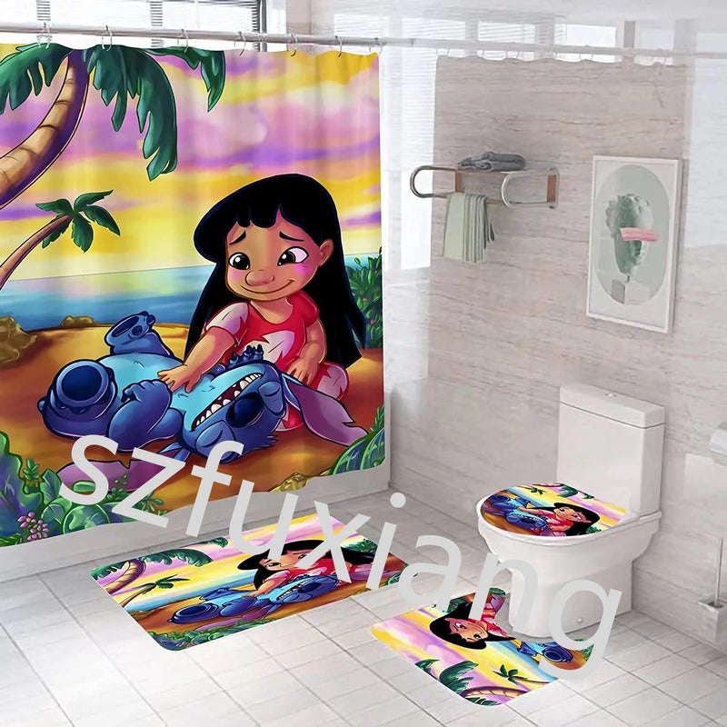Y&D ized Cartoon Classic Animation Character Stitch 3D Bathroom Waterproof Shower Curtain 4Pcs Set With Hooks & Mat - Image 4