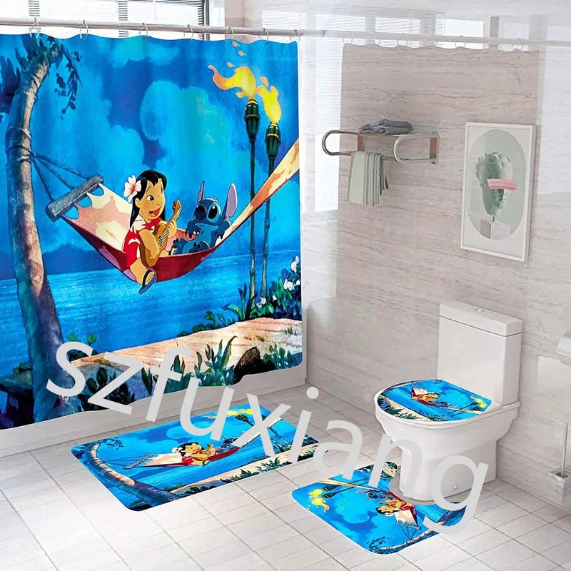 Y&D ized Cartoon Classic Animation Character Stitch 3D Bathroom Waterproof Shower Curtain 4Pcs Set With Hooks & Mat - Image 5