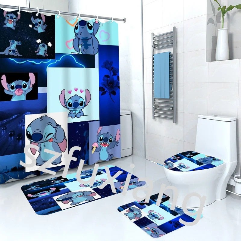 Y&D ized Cartoon Classic Animation Character Stitch 3D Bathroom Waterproof Shower Curtain 4Pcs Set With Hooks & Mat - Image 1