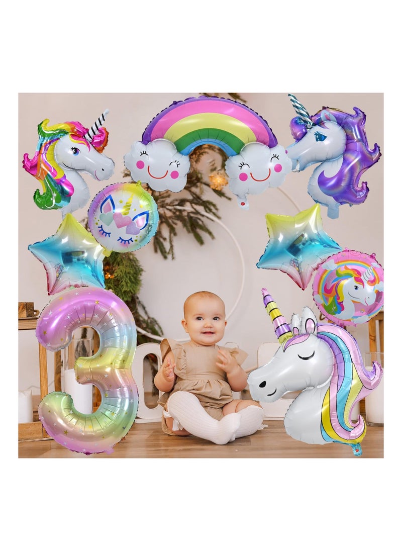 Unicorn Balloons 3rd Birthday Decorations for Girls Party Decoration Number with Foil Girl Theme Supplies 10 Pcs  - Image 2