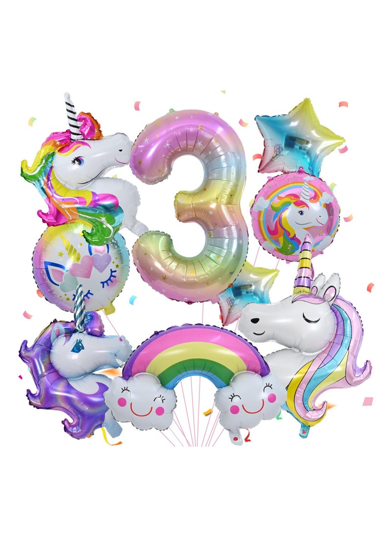 Unicorn Balloons 3rd Birthday Decorations for Girls Party Decoration Number with Foil Girl Theme Supplies 10 Pcs  - Image 1