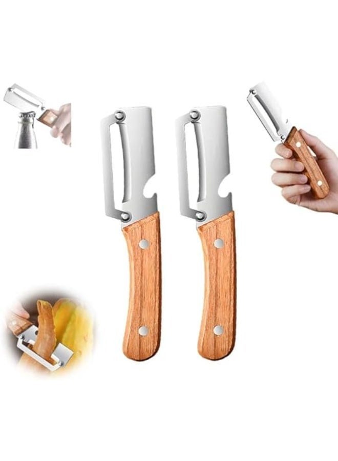 BABONA 2-Piece Stainless Steel Vegetable Peeler Set, 2 in 1 Wooden Handle Fruit and Potato Peeler with Bottle Cap Opener for Kitchen Prep ,For Potato, Vegetable, Apple(19 Cm) - Image 2