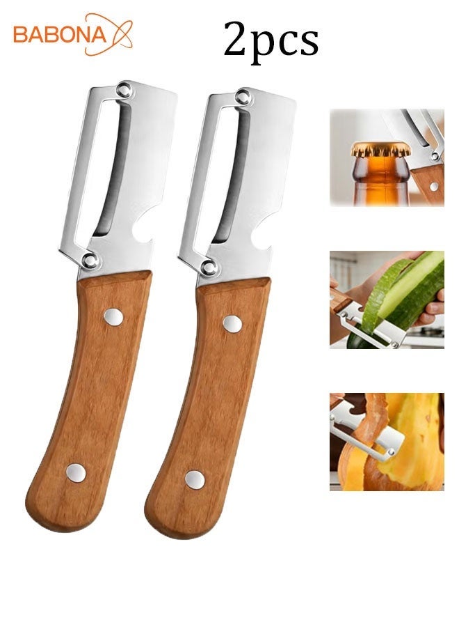 BABONA 2-Piece Stainless Steel Vegetable Peeler Set, 2 in 1 Wooden Handle Fruit and Potato Peeler with Bottle Cap Opener for Kitchen Prep ,For Potato, Vegetable, Apple(19 Cm) - Image 1