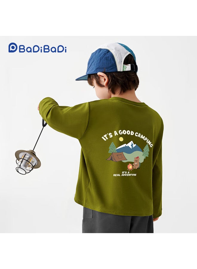 Badibadi Spring And Autumn Baby Boys Pure Cotton Long Sleeve T-shirt Base Shirt Grass Green Happy Letters + Camping Bear Yellow 130 - Image 1
