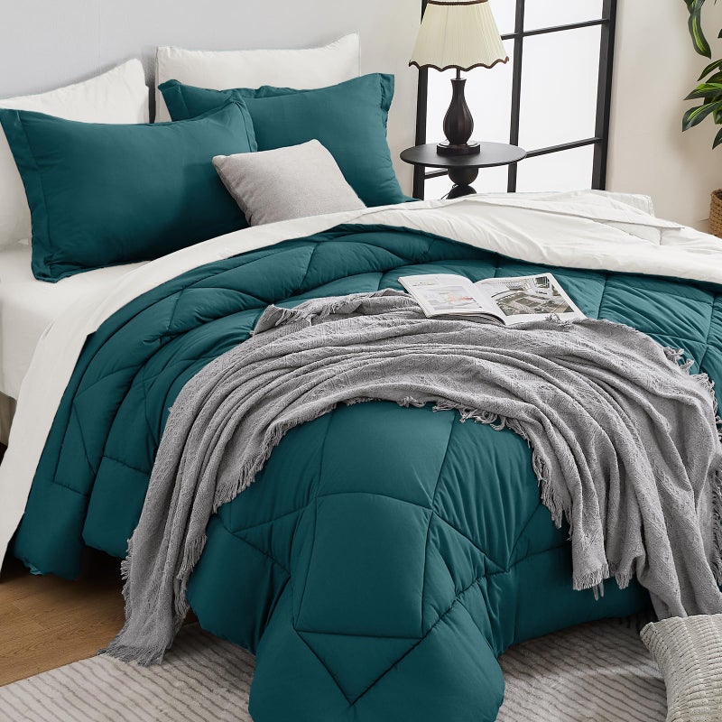 HEVUMYI Queen Comforter Set  7Piece All Season Bed in a Bag Queen Ultra Soft Bedding Set with Comforter Flat Sheet Fitted Sheet Pillowcases Pillow Shams Peacock Blue  Ivory