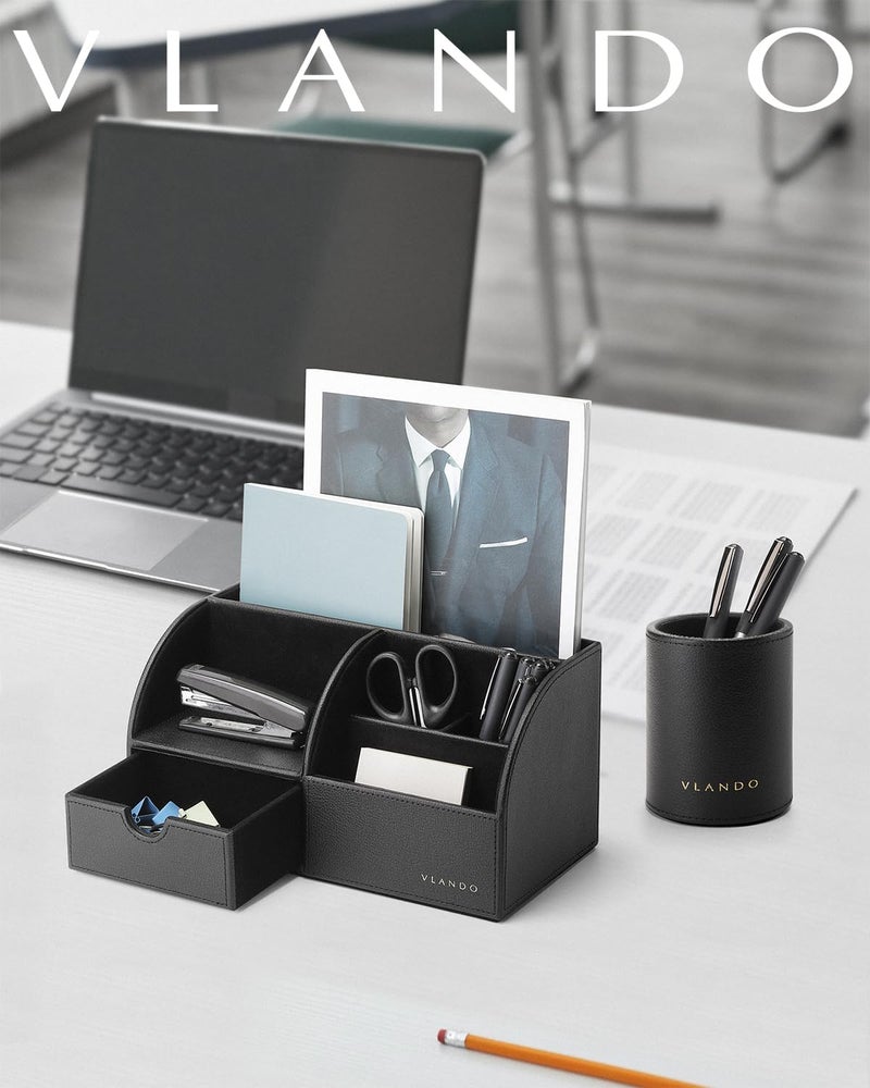 Vlando Office Supplies Desk Organizer Caddy,Back to School Supplies for Desk Caddy, Desktop Hanging File Letter Document Storage Holder with Drawer Organizer Section for Office Home 2 Pack Black - Image 5
