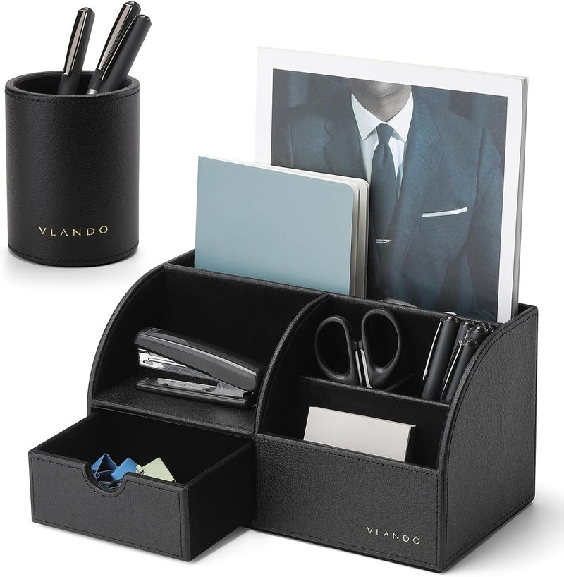 Vlando Office Supplies Desk Organizer Caddy,Back to School Supplies for Desk Caddy, Desktop Hanging File Letter Document Storage Holder with Drawer Organizer Section for Office Home 2 Pack Black - Image 1
