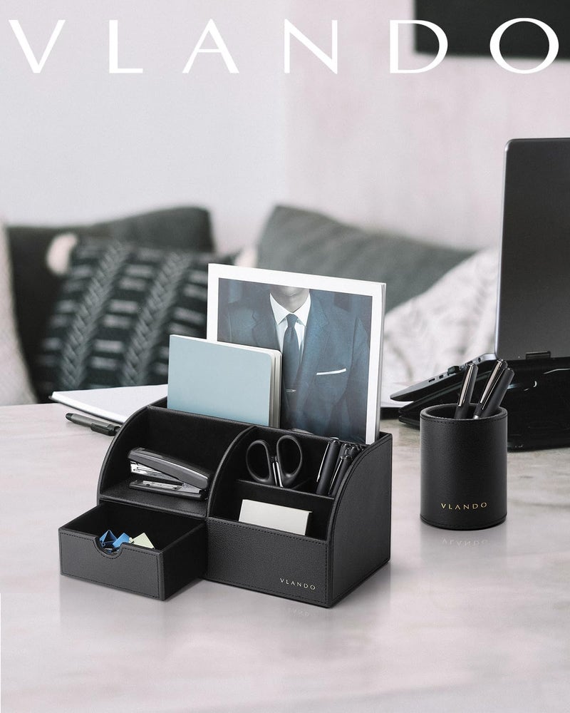 Vlando Office Supplies Desk Organizer Caddy,Back to School Supplies for Desk Caddy, Desktop Hanging File Letter Document Storage Holder with Drawer Organizer Section for Office Home 2 Pack Black - Image 2