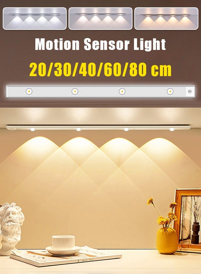Motion Sensor Light - Aluminum Alloy LED Light - Cordless Under Cabinet Light - White, Warm, Natural Light - Human Body Sensor - Magnetic Installation - Rechargeable Night Light for Kitchen, Staircase, Bedroom, Drawer