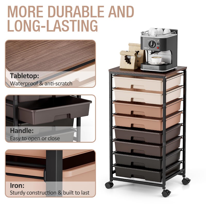 TOOLF Rolling Carts with Wheels, 8-Drawer Utility Cart, Wooden Tabletop Storage Cart for Office, Arts & Crafts, Classroom, Bedroom, Brown - Image 3