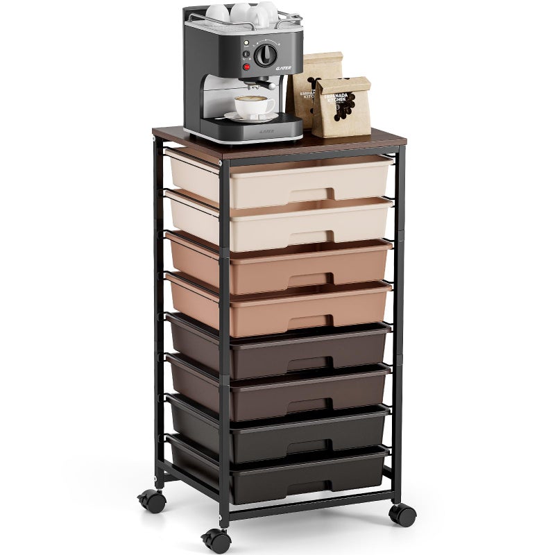 TOOLF Rolling Carts with Wheels, 8-Drawer Utility Cart, Wooden Tabletop Storage Cart for Office, Arts & Crafts, Classroom, Bedroom, Brown - Image 1
