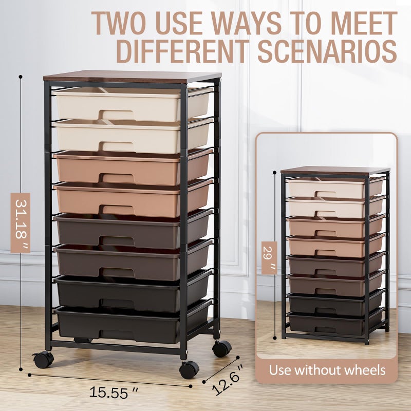 TOOLF Rolling Carts with Wheels, 8-Drawer Utility Cart, Wooden Tabletop Storage Cart for Office, Arts & Crafts, Classroom, Bedroom, Brown - Image 4
