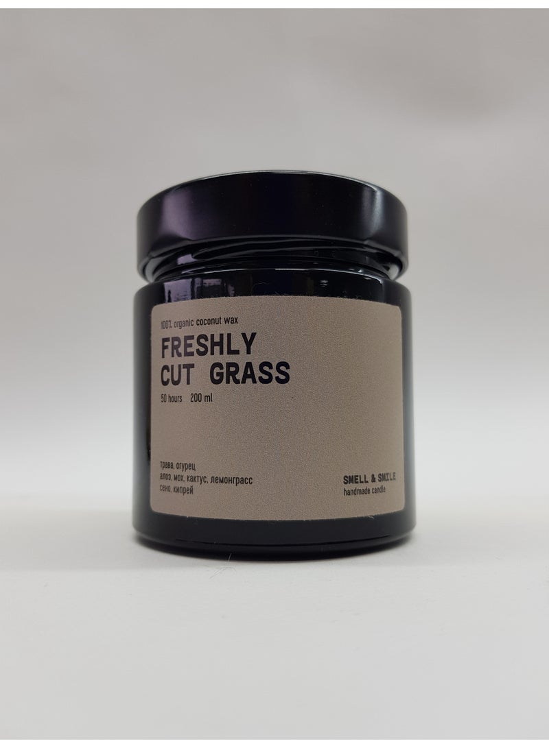 Scented Candle in Amber Glass Jar 200ml – FRESHLY CUT GRASS, Natural Coconut Soy Wax, Wooden Crackling Wick, Green Herbal Aroma, IFRA & REACH Certified - Image 1