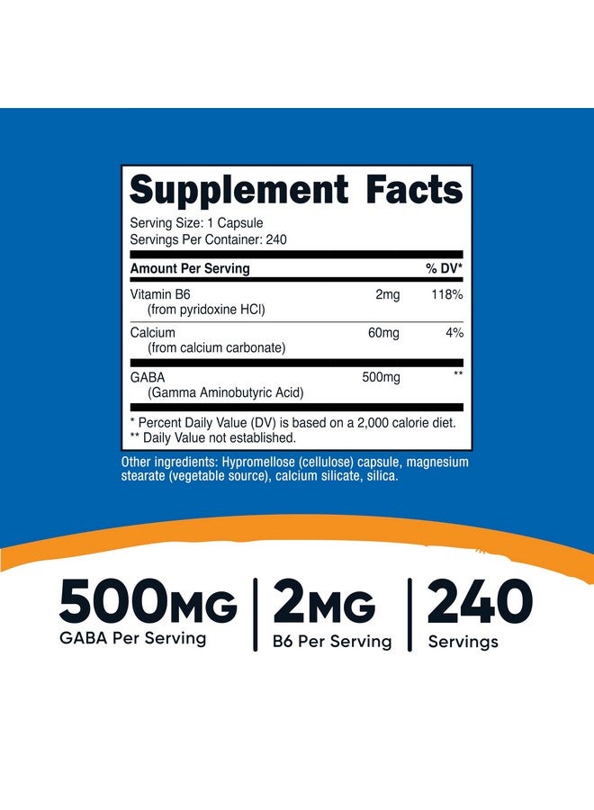 Nutricost GABA (Gamma Aminobutyric Acid) + Vitamin B6, 500mg per Serving, 240 Capsules - Image 2