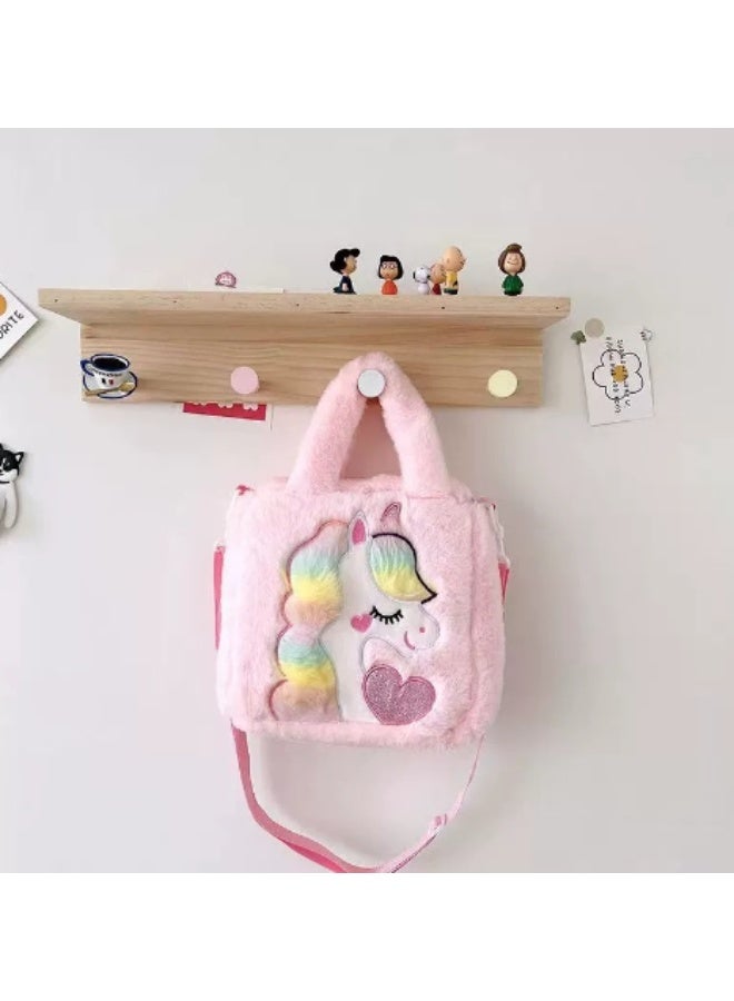MissTiara Blush Pink Plush Unicorn Rainbow Mane Crossbody & Handheld Bag