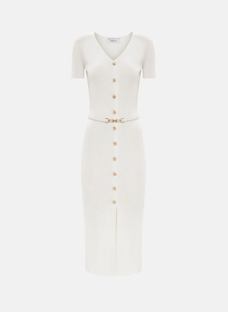 Lichi Knitted midi dress with buttons at the front and matching belt