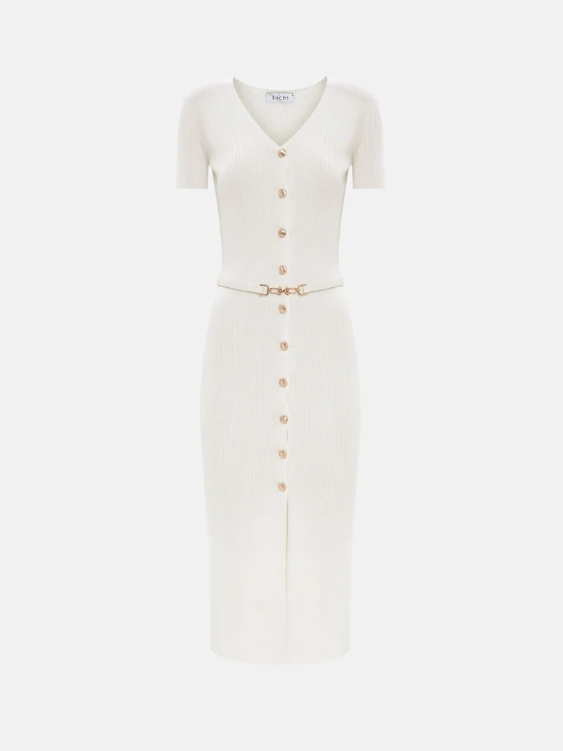Lichi Knitted midi dress with buttons at the front and matching belt