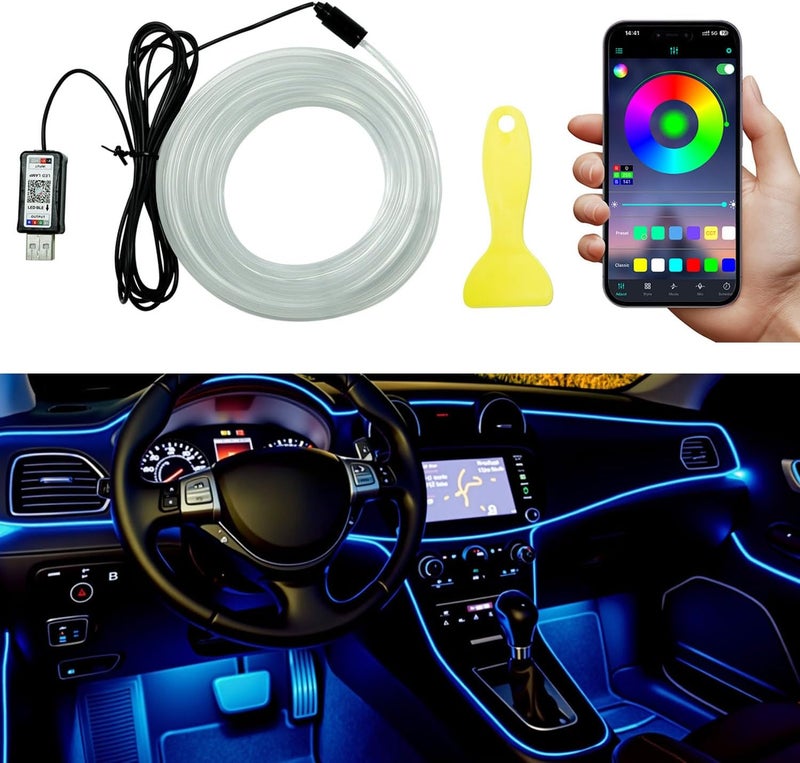 Qasim أضواء شريط LED داخلية للسيارة، مجموعات إضاءة محيطة للسيارة مع تحكم عبر تطبيق USB والبلوتوث، مزامنة الموسيقى مع الألياف البصرية، شريط ضوء نيون داخلي للسيارة - Image 1