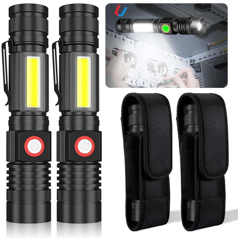 Hoxida USB Rechargeable Flashlight, Magnetic LED Flashlight, Super Bright LED Tactical Flashlight with Cob Worklight,Waterproof,Zoomable Small LED Flashlight for Camping, Flashlight with Holsters - Image 1