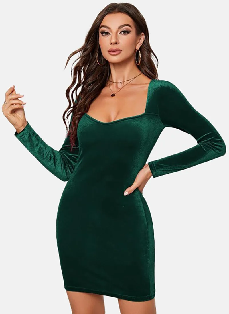 يونيكي Green Solid Long Sleeve Sweetheart Neck Mini Bodycon Dress