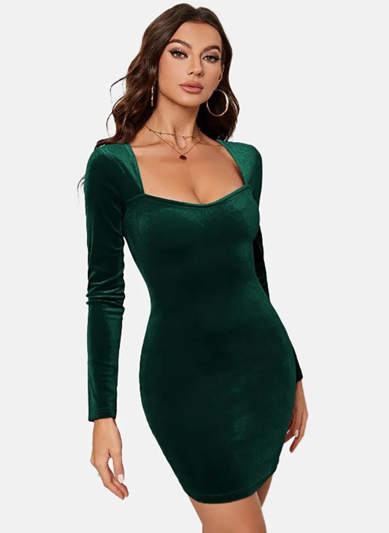 يونيكي Green Solid Long Sleeve Sweetheart Neck Mini Bodycon Dress