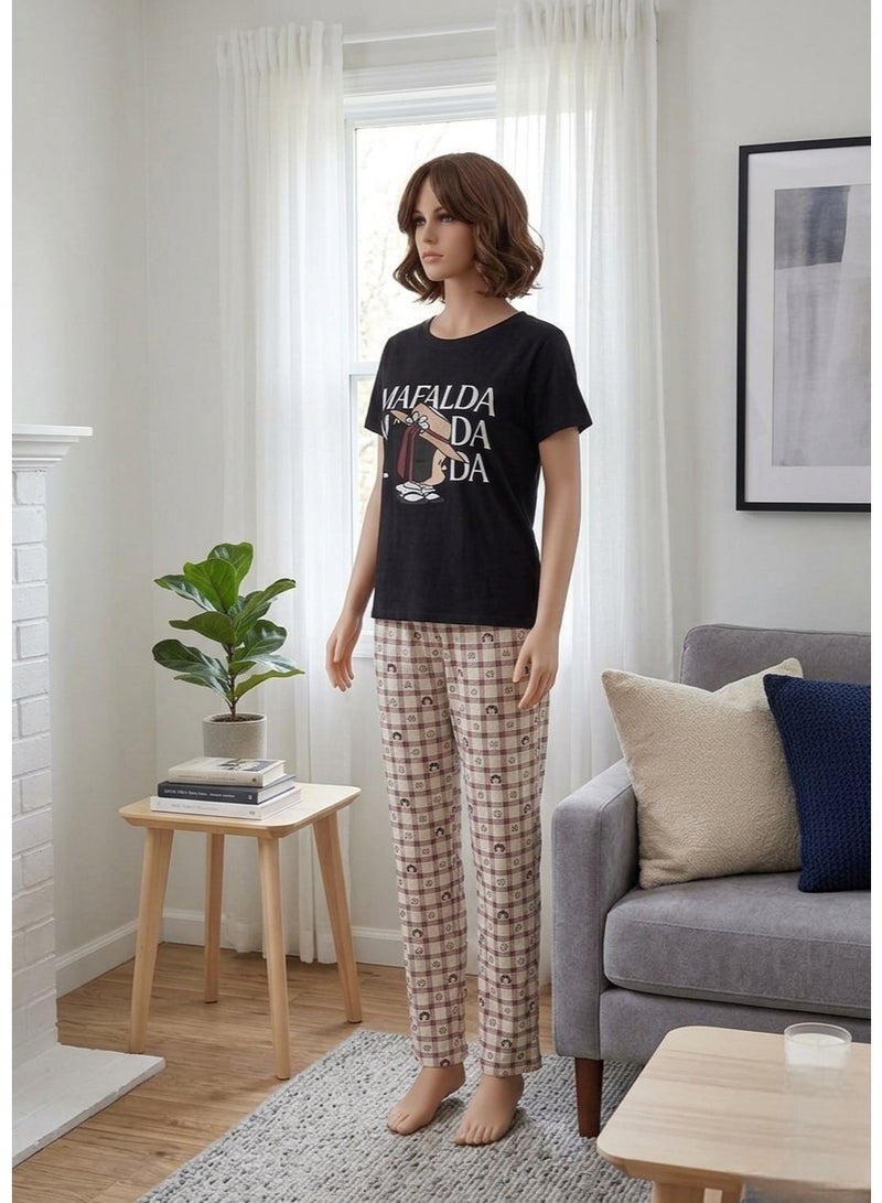 Women's Mafalda Graphic Print T-Shirt & Plaid Pajama Set - Image 1
