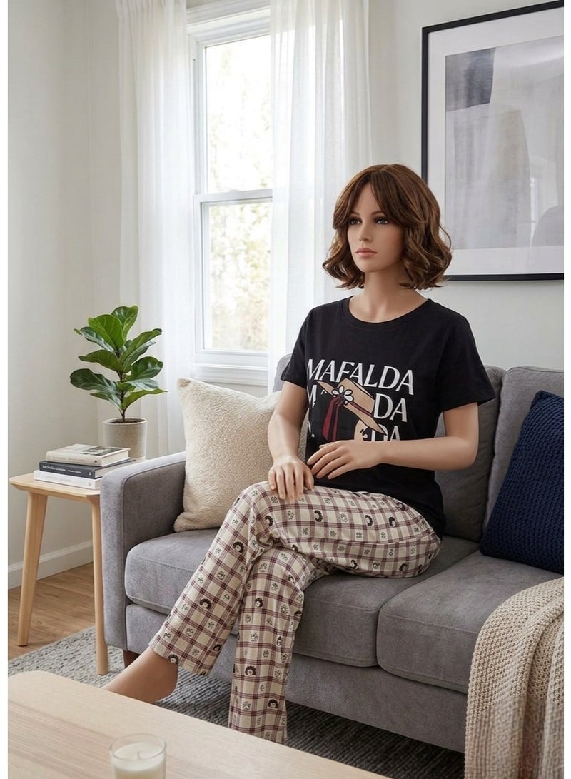 Women's Mafalda Graphic Print T-Shirt & Plaid Pajama Set - Image 2