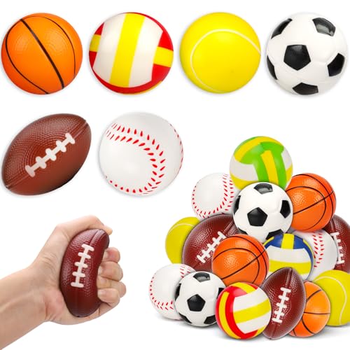 AugToy 24 Pack Stress Ball Classroom Prizes Party Favor for Kids Prefilled Easter Eggs Foam Sports Squeeze Toys Goodie Bag Stuffers Bouncy Balls Boys Baseballs Basketball Football Bulk Toys - Image 1