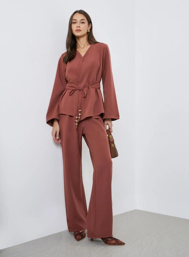 Styli Solid Wrap Beaded Tie Top and Pants Co-Ords