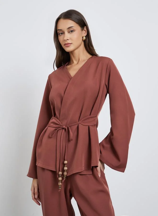 Styli Styli Solid Wrap Beaded Tie Top and Pants Co-Ords