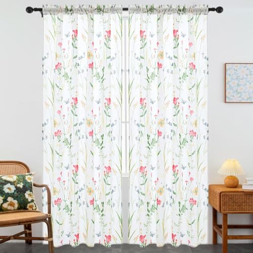 youleyar Floral Curtains 84 Inches Long for Living Room 2 Panels Printed Pattern Curtain Rod Pocket Spring Summer Watercolor FlowersLeaves Window Drapes for Girls Bedroom 52 W x 84 L - Image 3