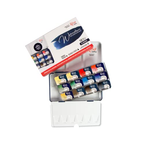 Rosa Gallery Professional Watercolor Paint Set, 12 Water Colors of 2.5 ml, High Lightfastness Paints Kit for Artists, Adult, Lightweight and Portable Metal Case - Image 1