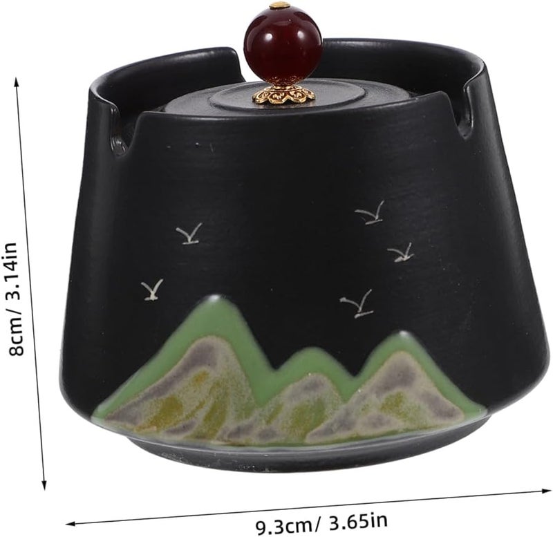 Hand Painted Ceramic Ashtray with Lid Windproof Rustic Design Indoor Outdoor Use - Image 3