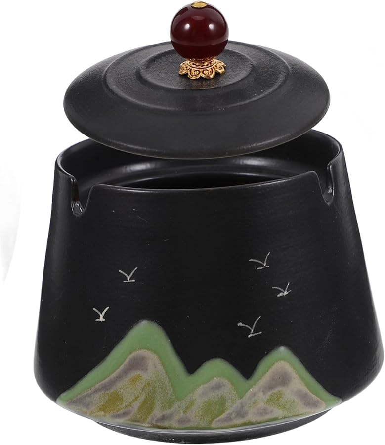 Hand Painted Ceramic Ashtray with Lid Windproof Rustic Design Indoor Outdoor Use - Image 1